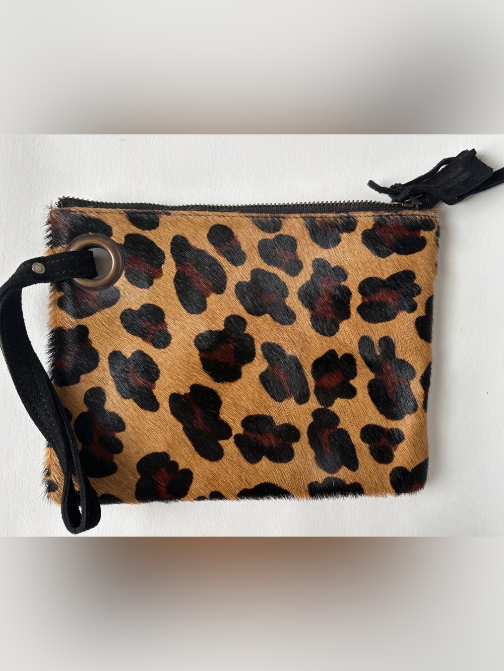 Jane Marie Leopard Print leather wristlet/Clutch in Tan and Black